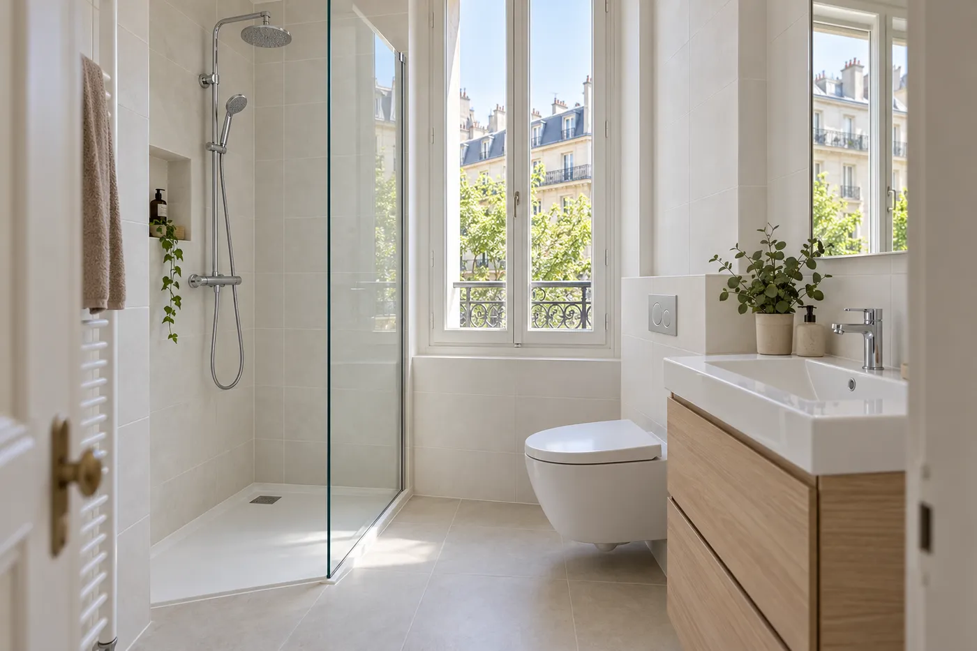 Salle de bain rénovée dans un immeuble haussmannien du 11e : douche de plain-pied avec paroi vitrée, WC suspendu et plan vasque